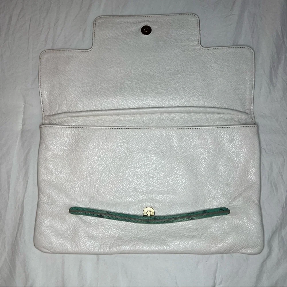 Iacucci White Pebbled Leather Large Clutch, Teal Snake Skin Leather Accent
